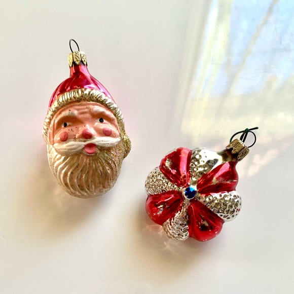 Two Vintage Mercury Glass Ornaments from Columbia- Santa Head & Poinsettia - Picture 1 of 12